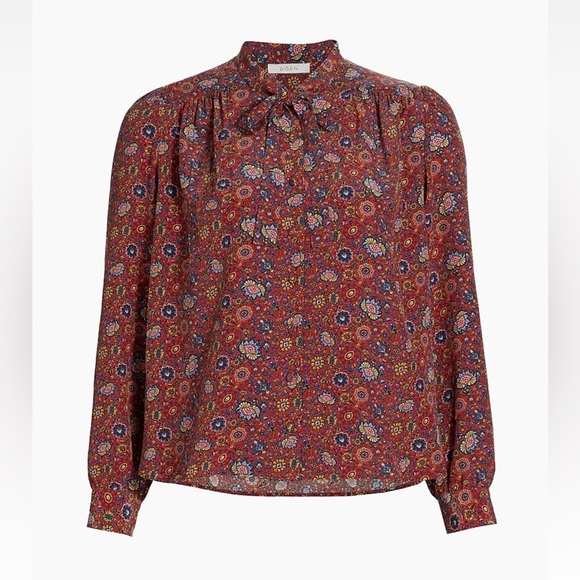 NWT Doen Josseline Silk Button Tie Neck Blouse Top Red Rouge Riviera Medallian - Picture 10 of 11